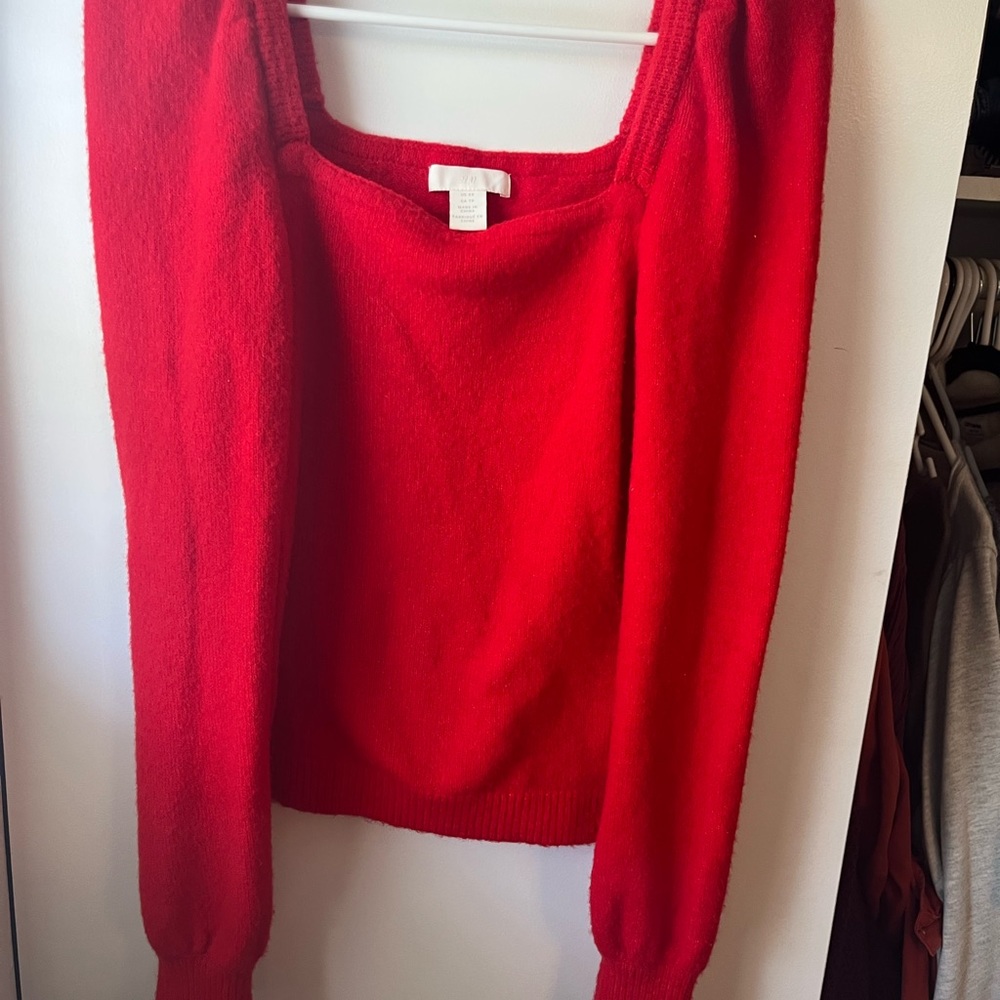 Puff sleeve red fuzzy sweater